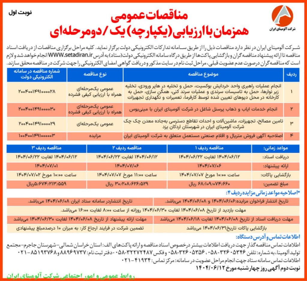 آگهی مناقصات شرکت آلومینای ایران
