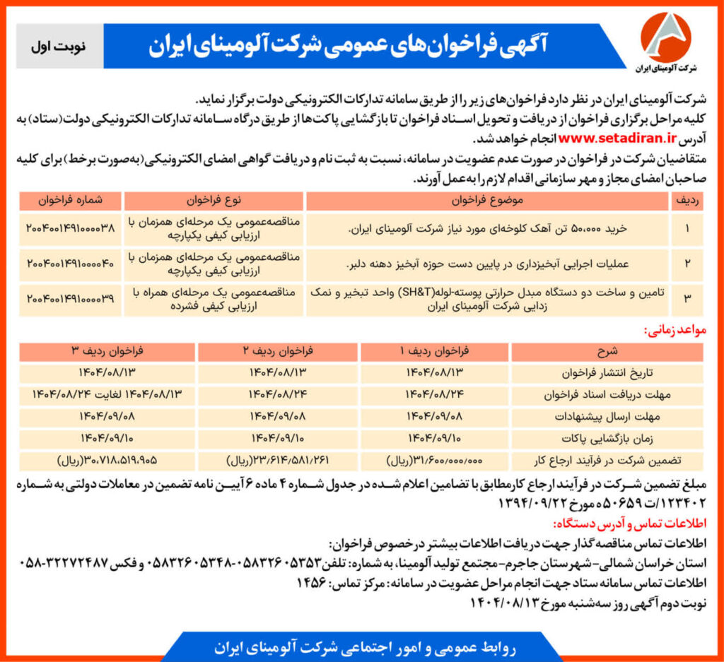 آگهی فراخوان های شرکت آلومینای ایران